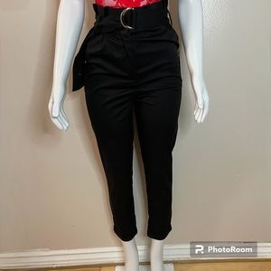 Black belted high waisted paper bag pants
